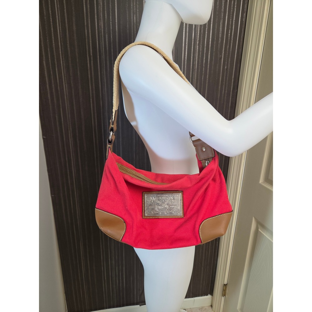 American Living Red Canvas Hobo Bag Brown Trim Rope Strap Shoulder Bag